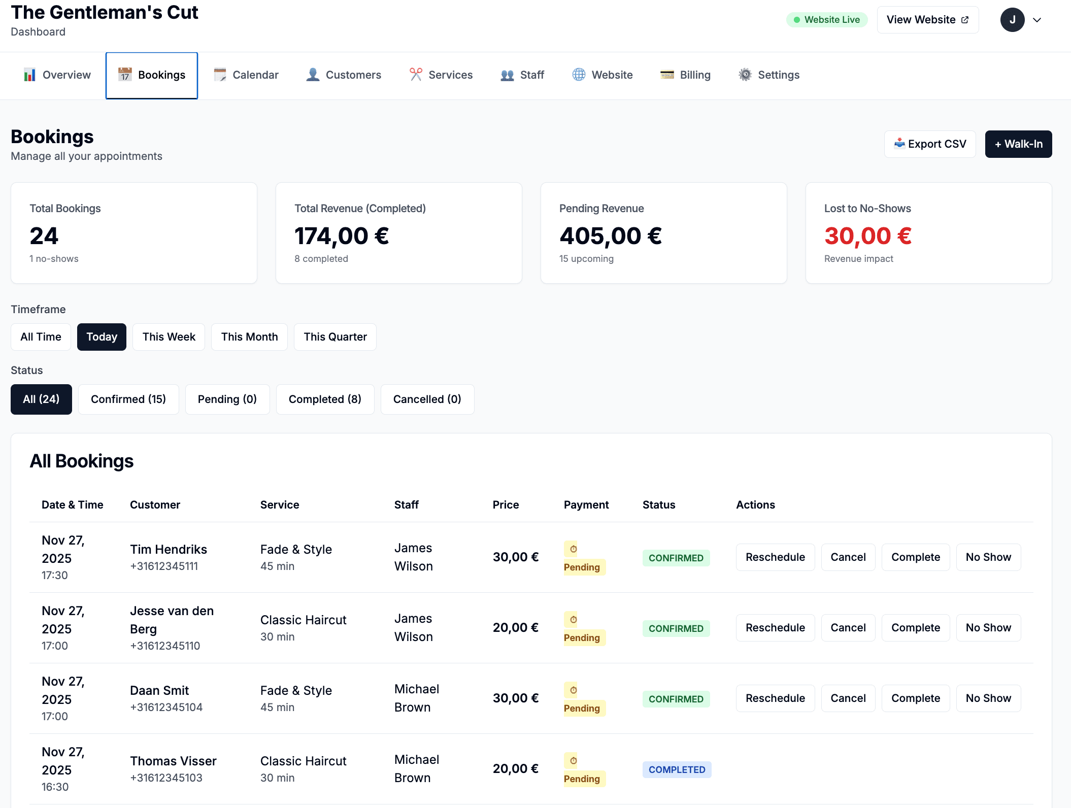 WeAreBooked Dashboard - Bookings overview